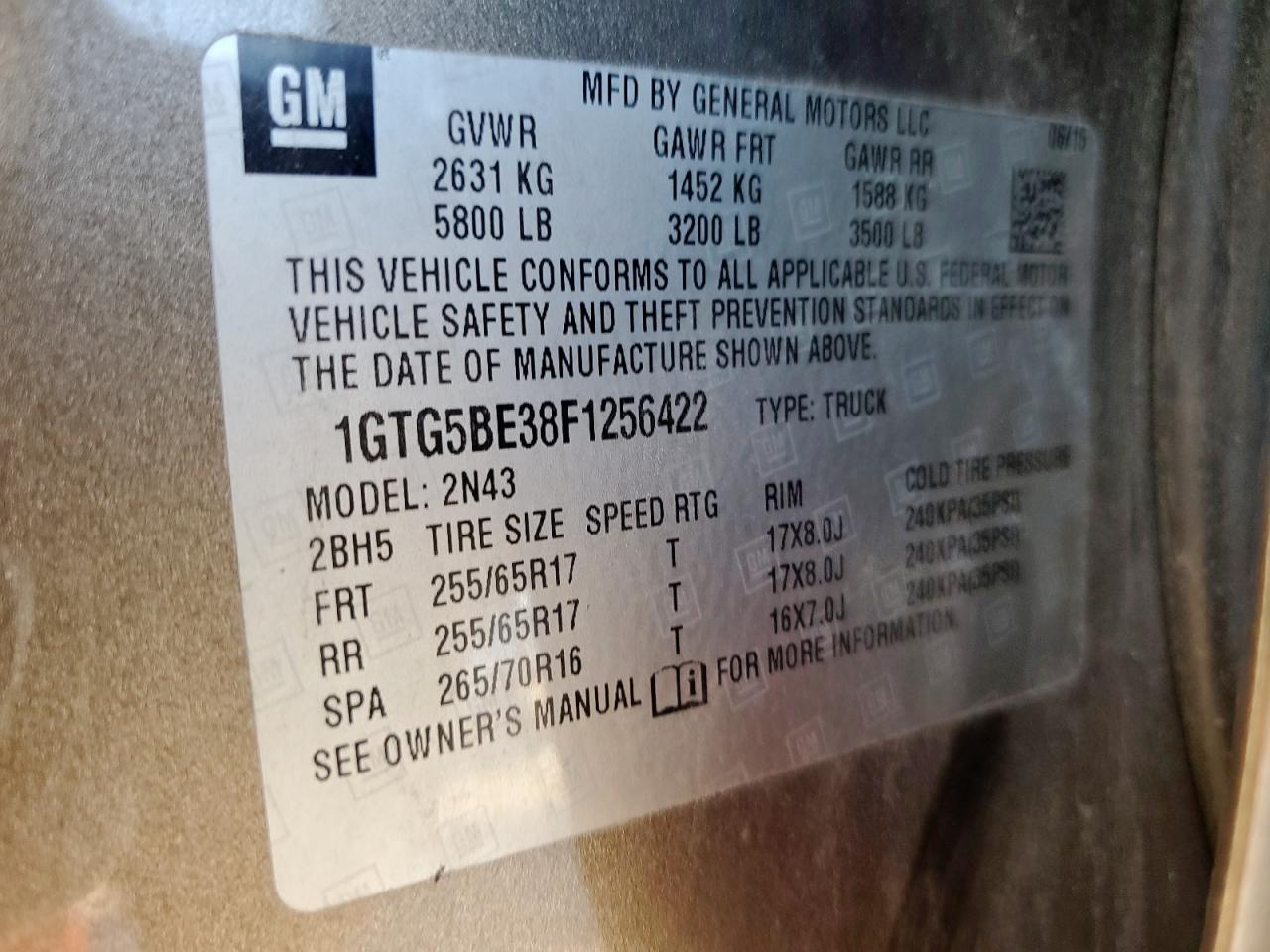 2015 GMC Canyon Sle VIN: 1GTG5BE38F1256422 Lot: 92076165