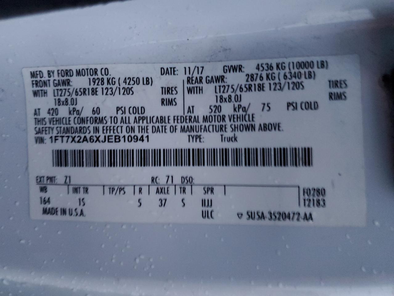 2018 Ford F250 Super Duty VIN: 1FT7X2A6XJEB10941 Lot: 93132085