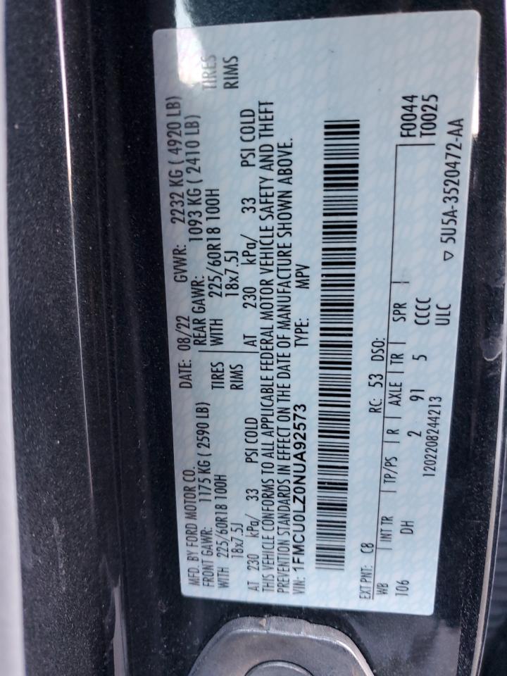 2022 Ford Escape Titanium VIN: 1FMCU0LZ0NUA92573 Lot: 92119355