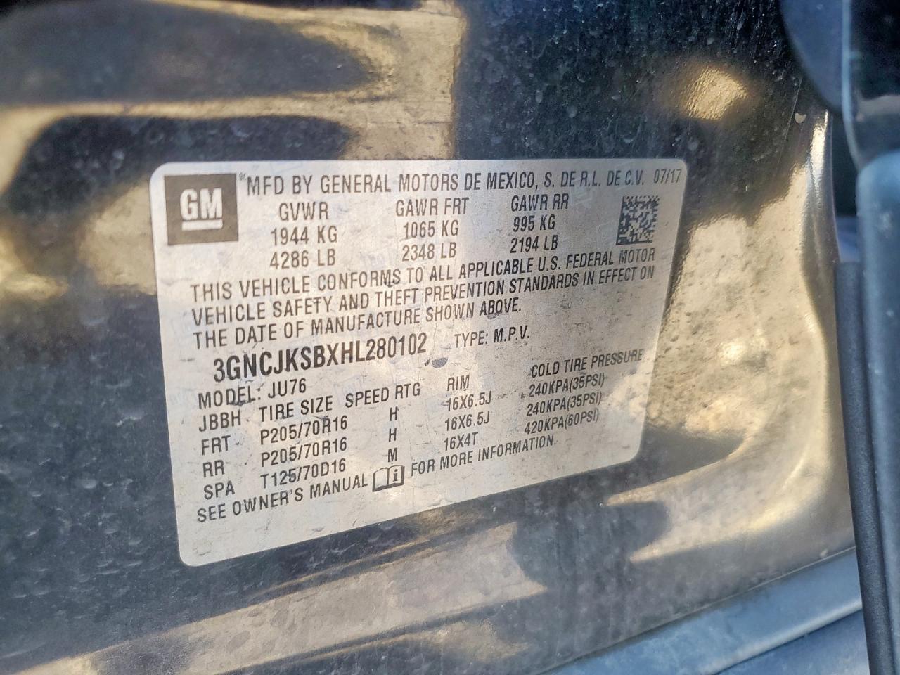 2017 Chevrolet Trax Ls VIN: 3GNCJKSBXHL280102 Lot: 91512055