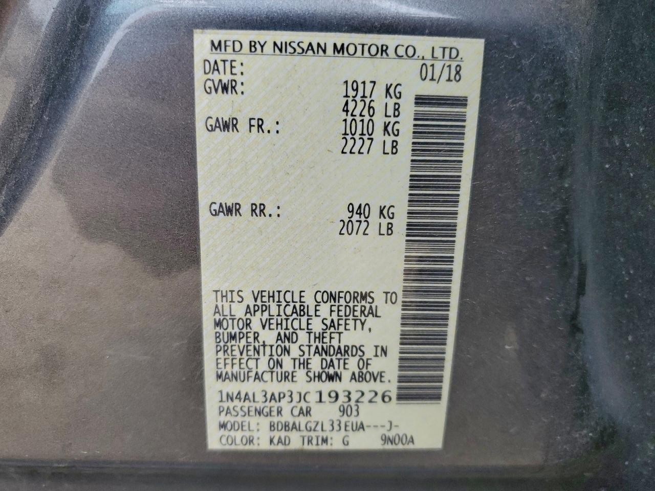 2018 Nissan Altima 2.5 VIN: 1N4AL3AP3JC193226 Lot: 92852945