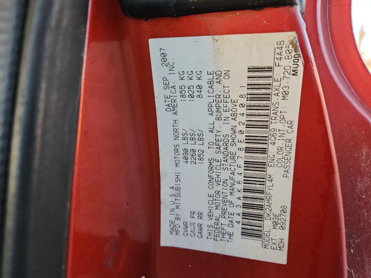 2008 Mitsubishi Eclipse Se VIN: 4A3AK64F78E024081 Lot: 92432785