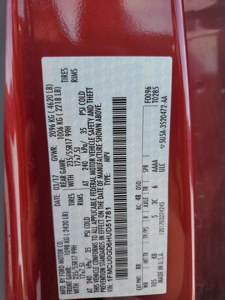 2017 Ford Escape Se VIN: 1FMCU0GD6HUD51781 Lot: 91792225