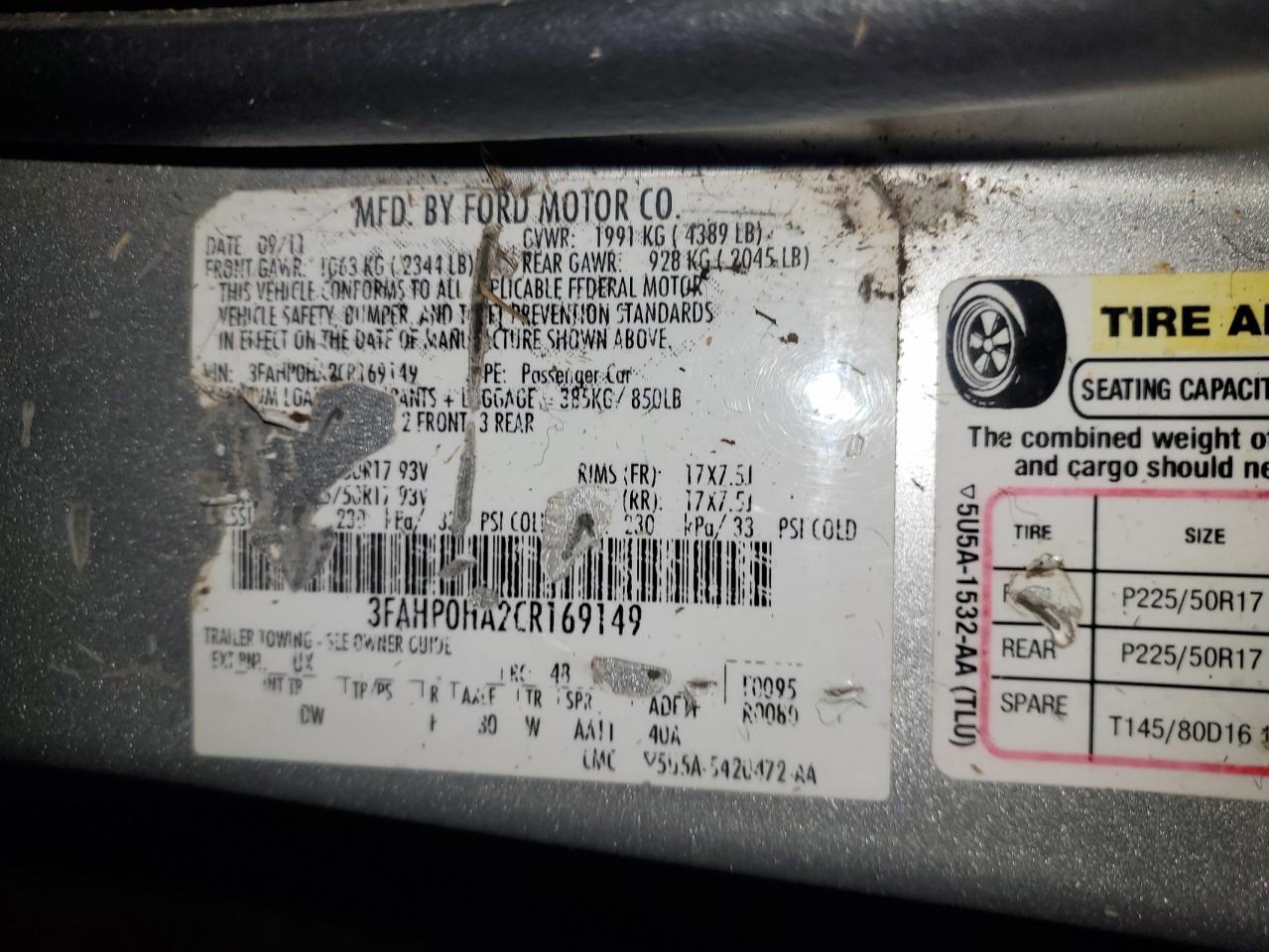 2012 Ford Fusion Se VIN: 3FAHP0HA2CR169149 Lot: 93226185