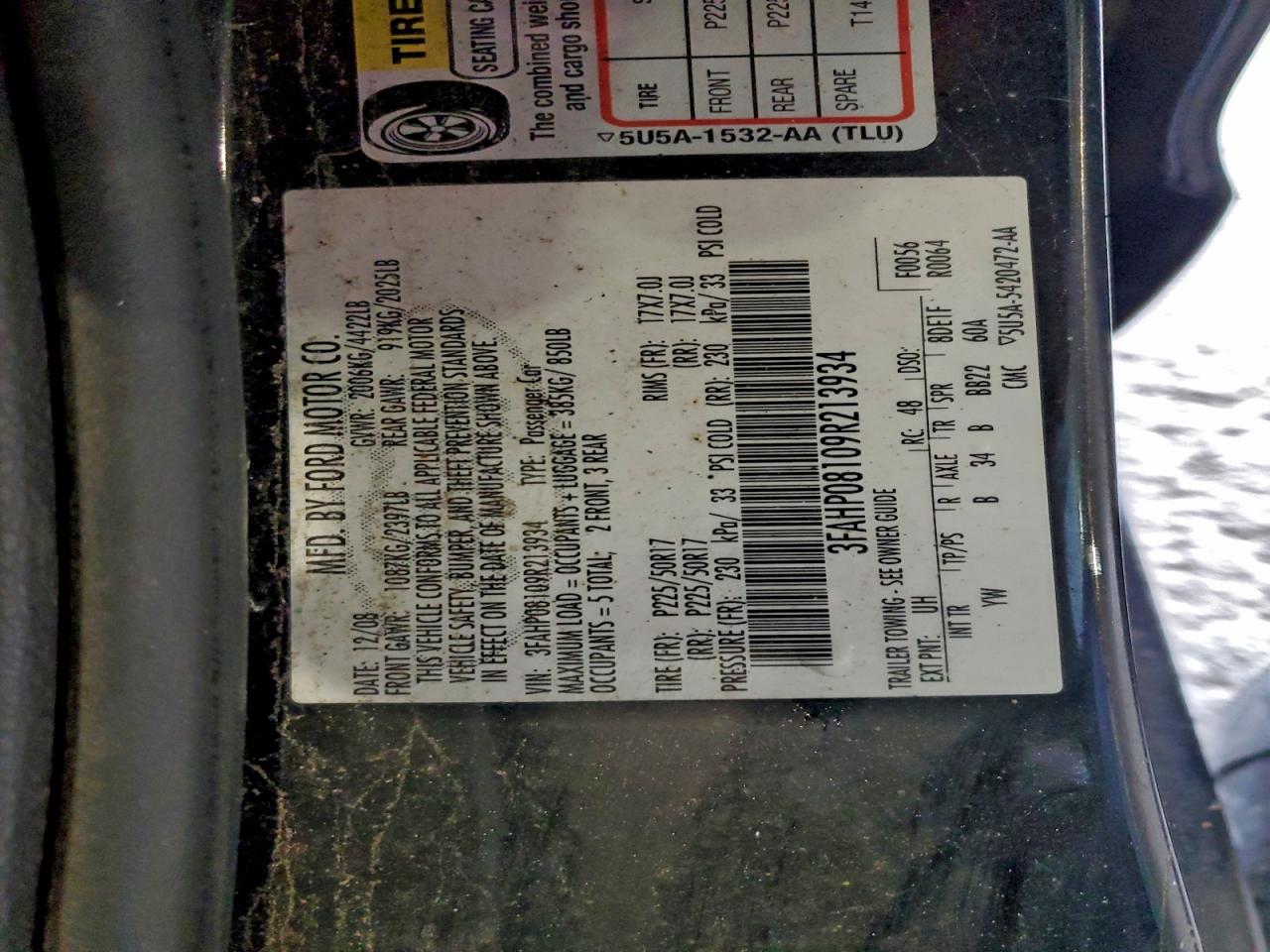 2009 Ford Fusion Sel VIN: 3FAHP08109R213934 Lot: 93383715