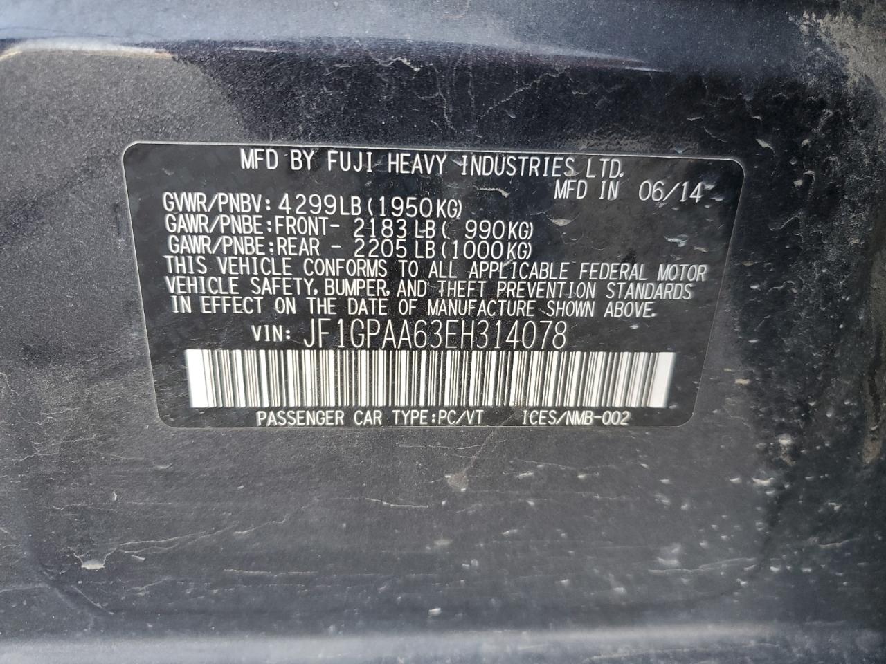 2014 Subaru Impreza VIN: JF1GPAA63EH314078 Lot: 92448825