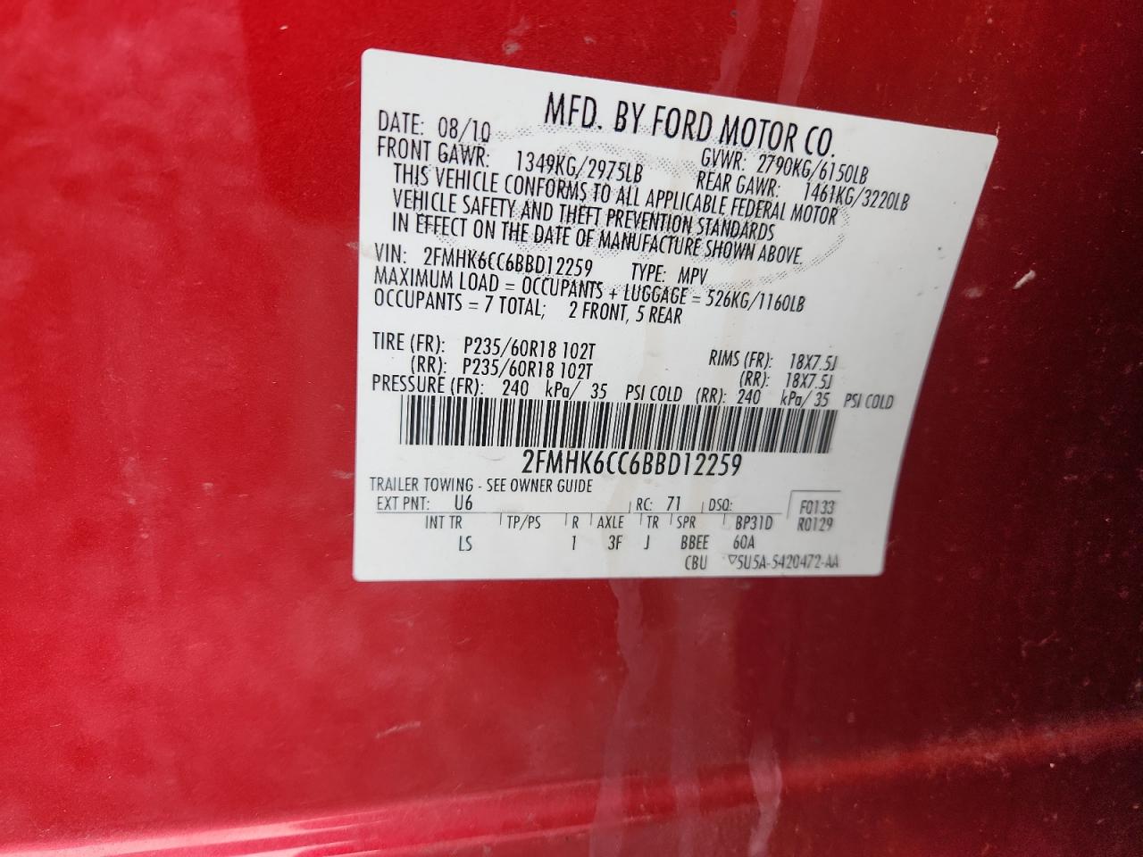 2011 Ford Flex Sel VIN: 2FMHK6CC6BBD12259 Lot: 92522925