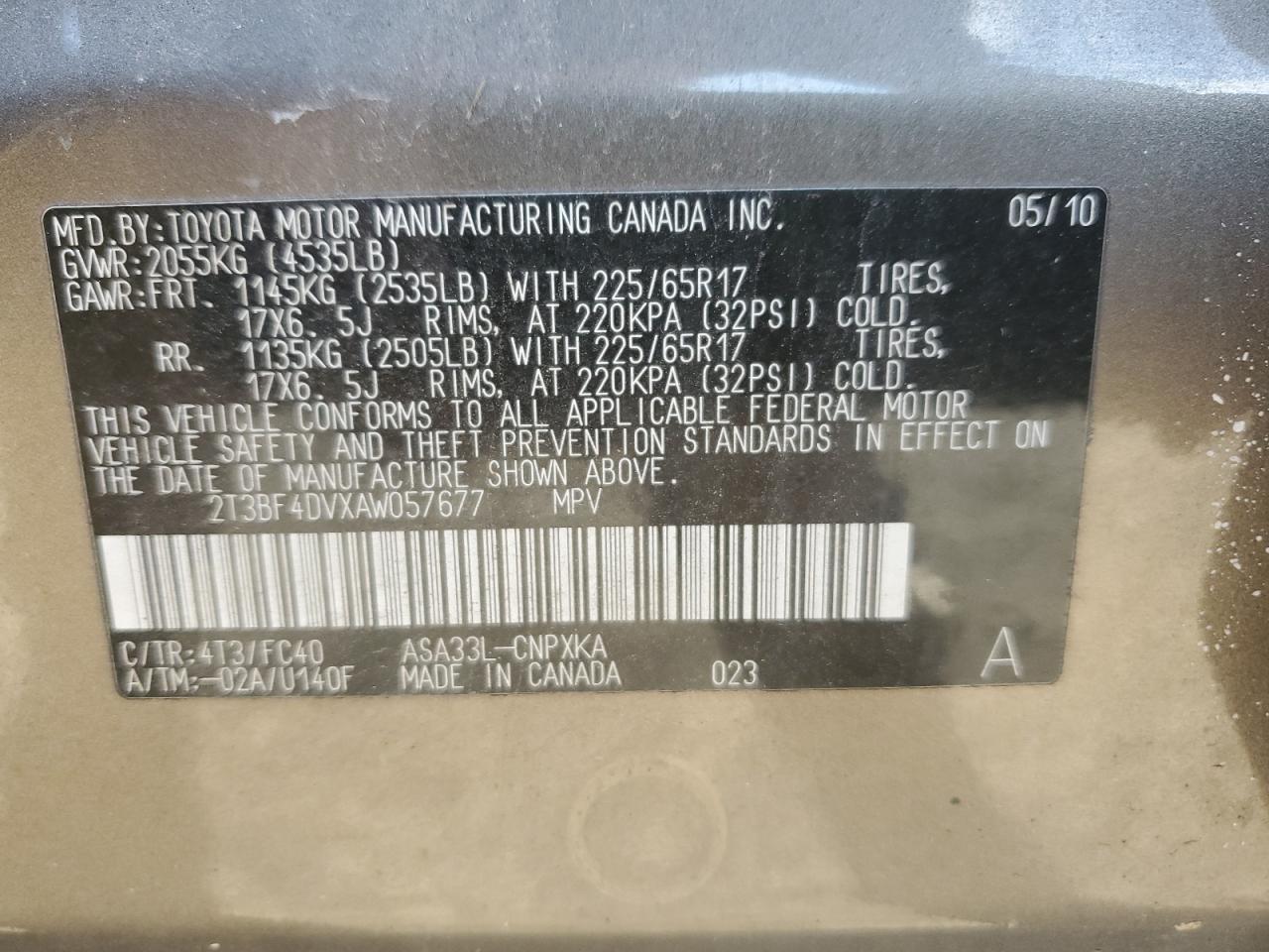 2010 Toyota Rav4 VIN: 2T3BF4DVXAW057677 Lot: 93059365