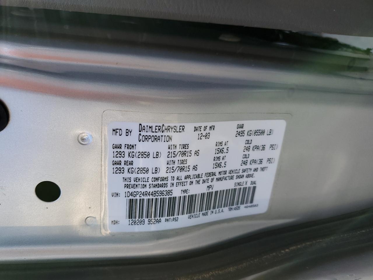 2004 Dodge Grand Caravan Se VIN: 1D4GP24R44B596385 Lot: 91234295