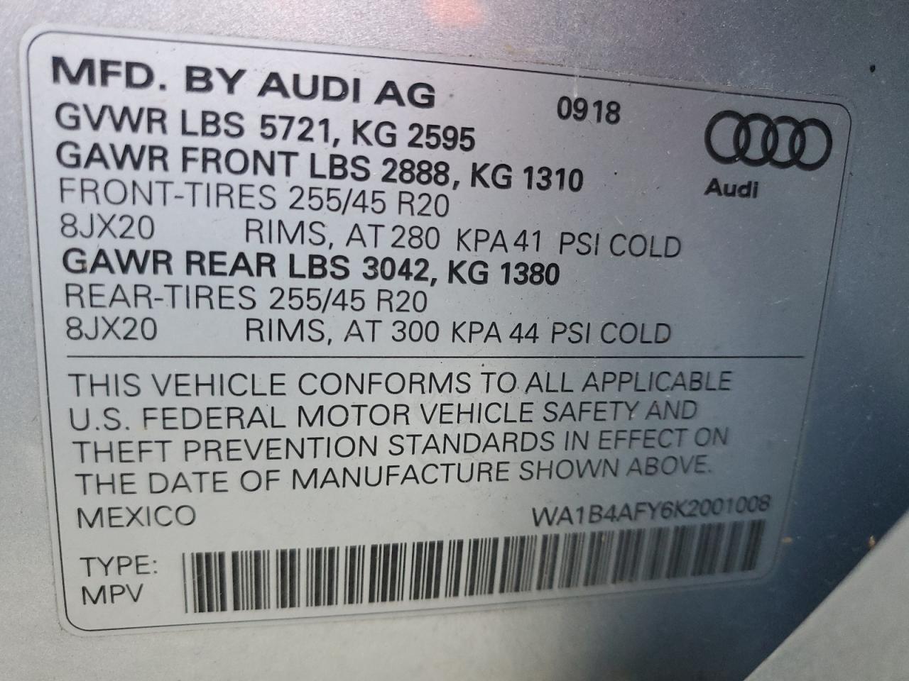 2019 Audi Sq5 Premium Plus VIN: WA1B4AFY6K2001008 Lot: 86162895