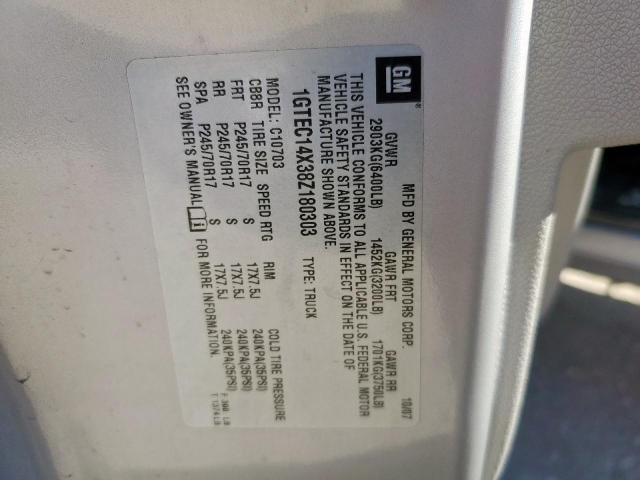 2008 GMC Sierra C1500 VIN: 1GTEC14X38Z180303 Lot: 92734065