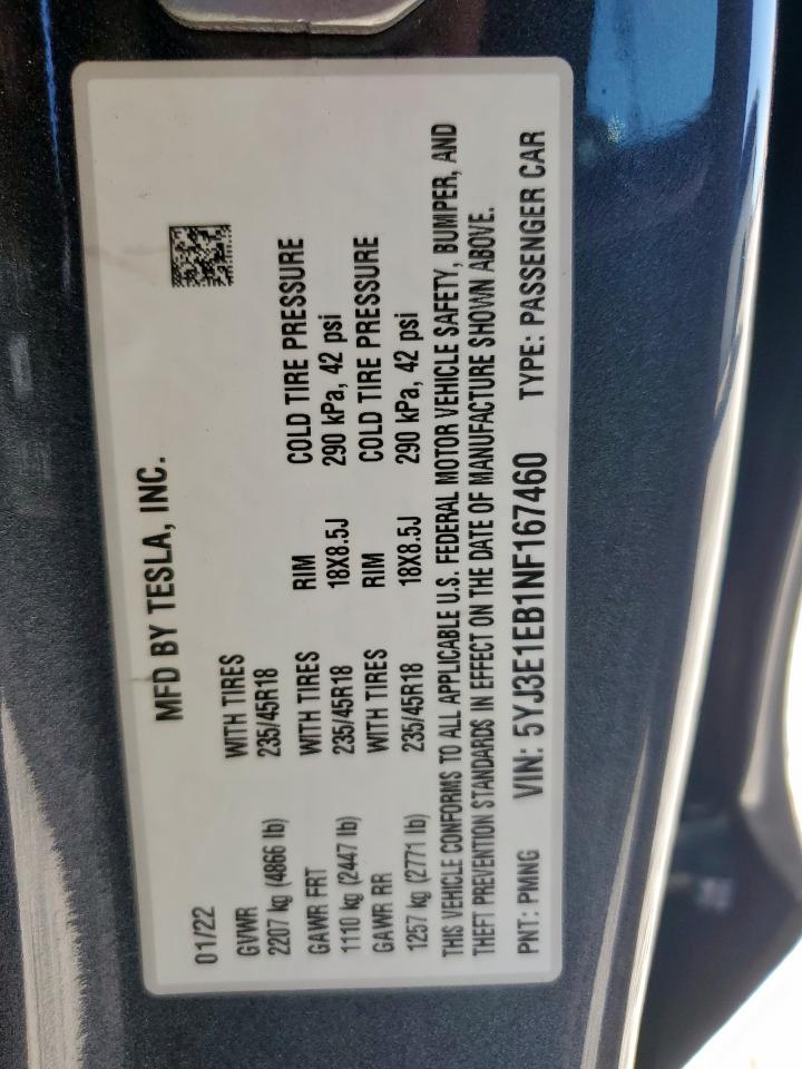 2022 Tesla Model 3 VIN: 5YJ3E1EB1NF167460 Lot: 91516225