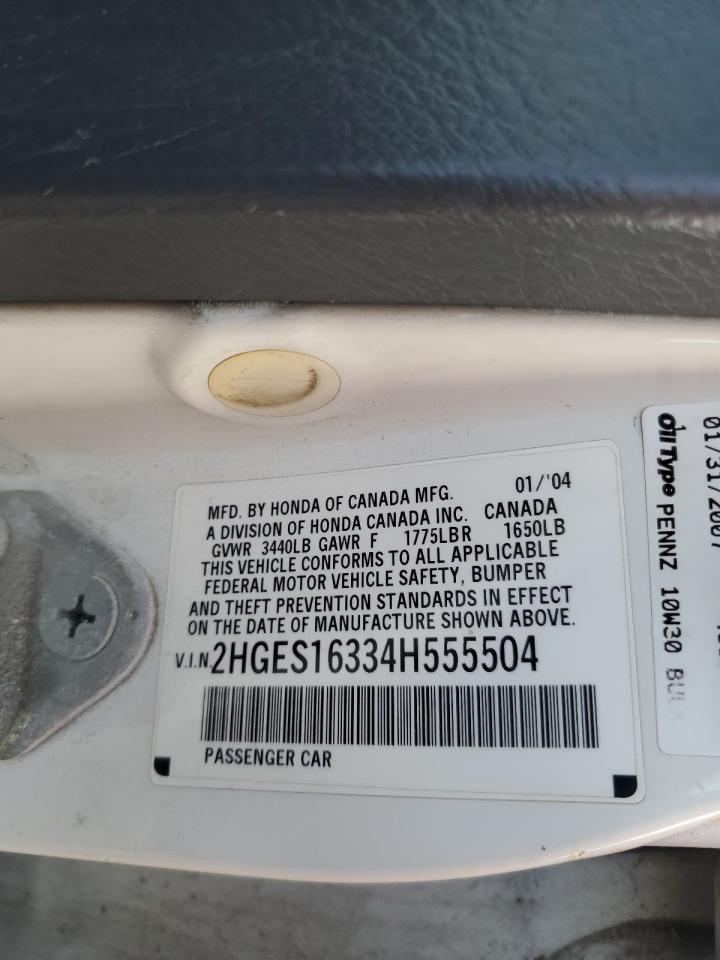 2004 Honda Civic Dx Vp VIN: 2HGES16334H555504 Lot: 93862005