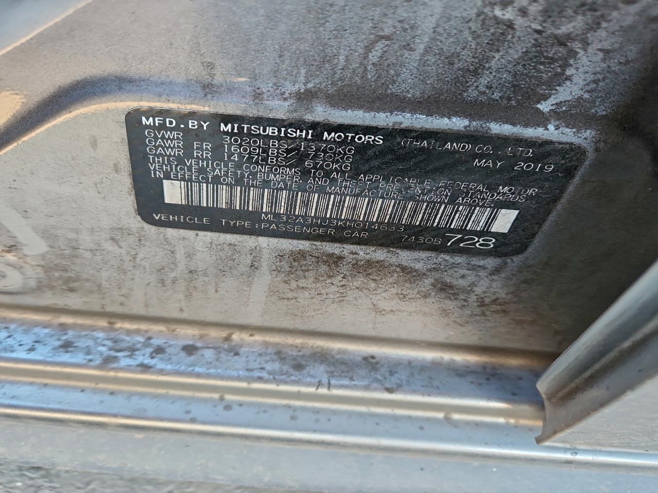 2019 Mitsubishi Mirage Es VIN: ML32A3HJ3KH014633 Lot: 93820735