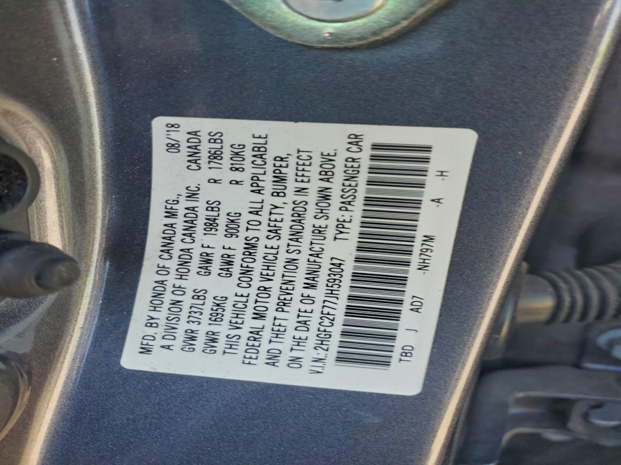 2018 Honda Civic Ex VIN: 2HGFC2F77JH593047 Lot: 94402915