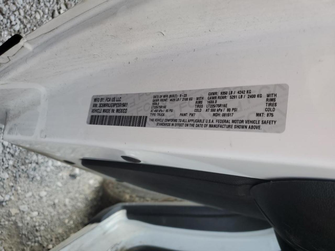 2023 Ram Promaster Delivery Van VIN: 3C6MRVJG9PE591941 Lot: 92916245