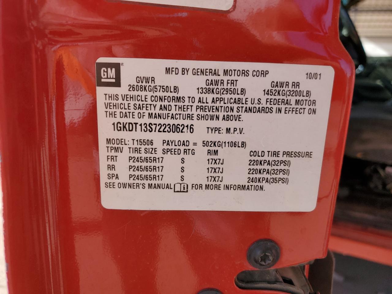 2002 GMC Envoy VIN: 1GKDT13S722306216 Lot: 91781815