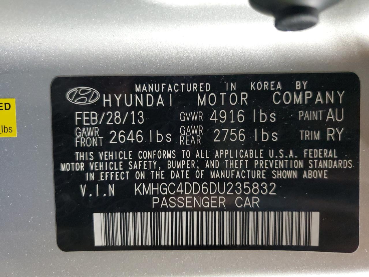 2013 Hyundai Genesis 3.8L VIN: KMHGC4DD6DU235832 Lot: 92301085