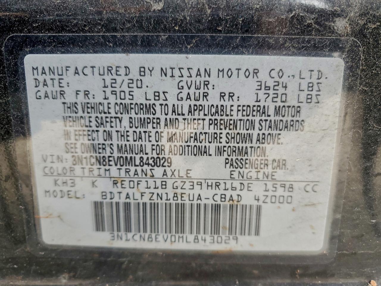 2021 Nissan Versa Sv VIN: 3N1CN8EV0ML843029 Lot: 85440975
