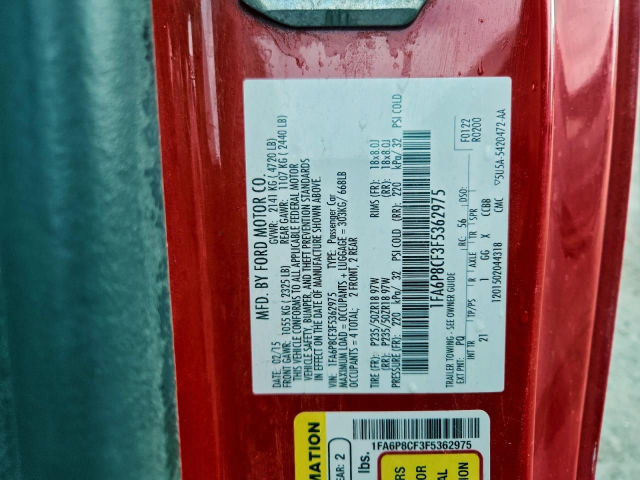 2015 Ford Mustang Gt VIN: 1FA6P8CF3F5362975 Lot: 93778675