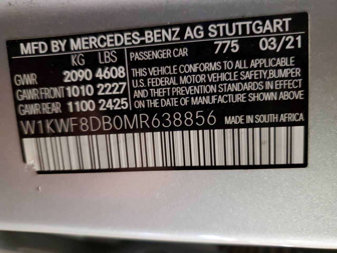2021 Mercedes-Benz C 300 VIN: W1KWF8DB0MR638856 Lot: 93251835