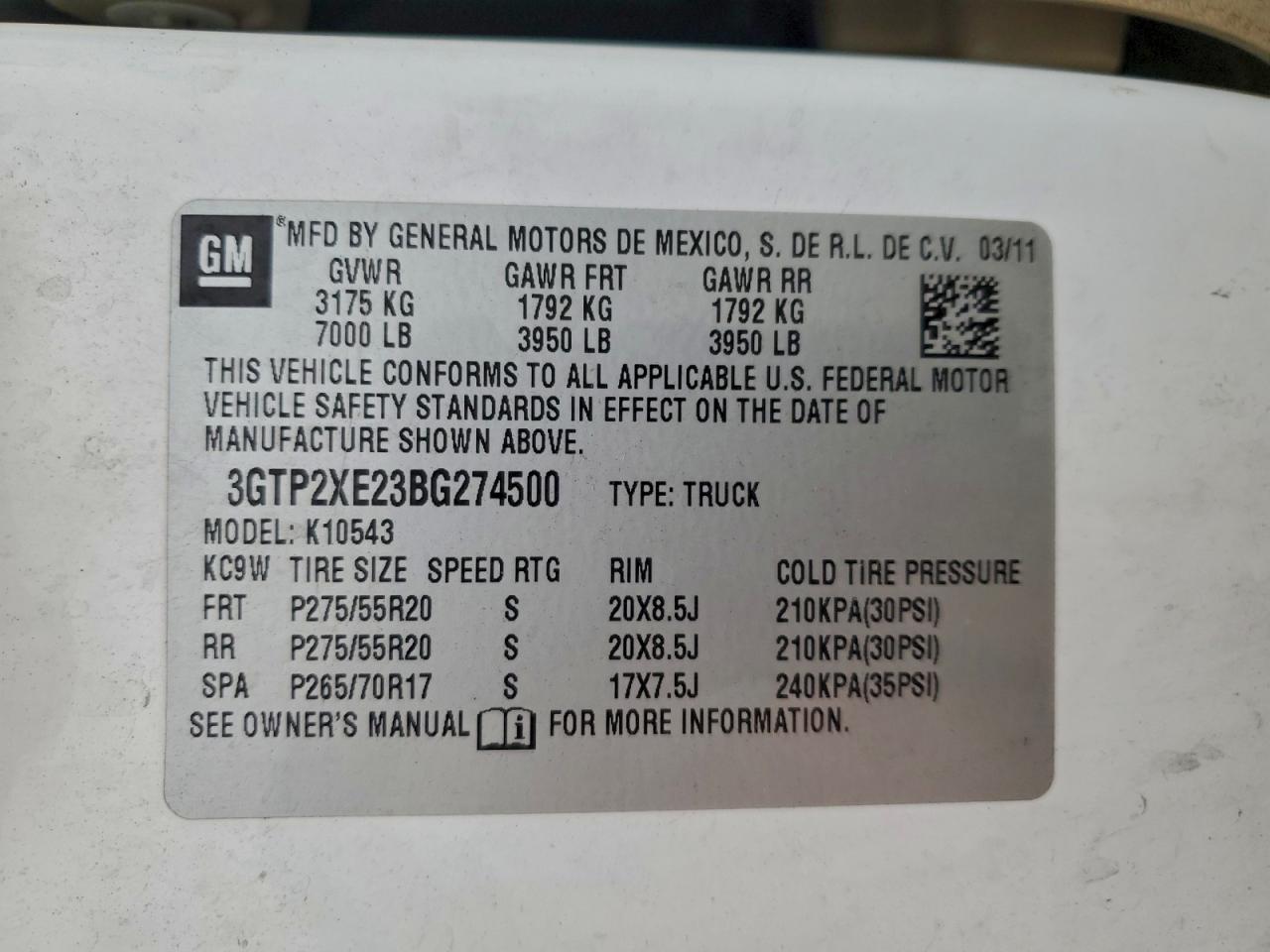 2011 GMC Sierra K1500 Denali VIN: 3GTP2XE23BG274500 Lot: 94163485