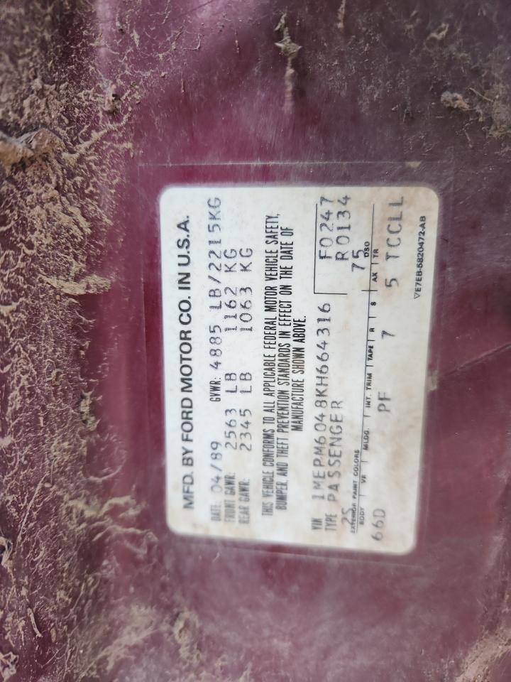 1989 Mercury Cougar Ls VIN: 1MEPM6048KH664316 Lot: 93260035