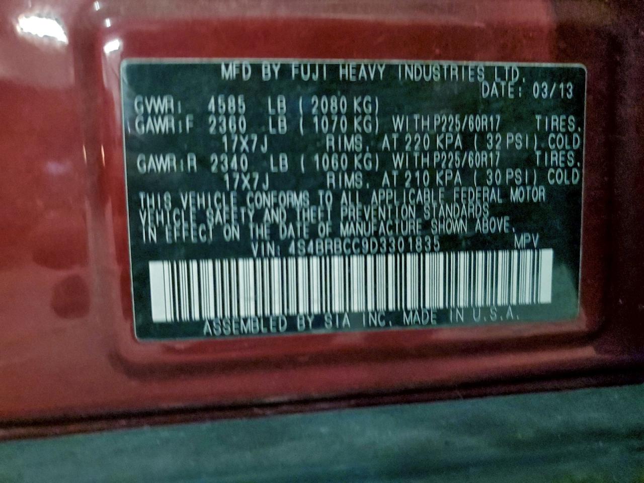 2013 Subaru Outback 2.5I Premium VIN: 4S4BRBCC9D3301835 Lot: 93749565