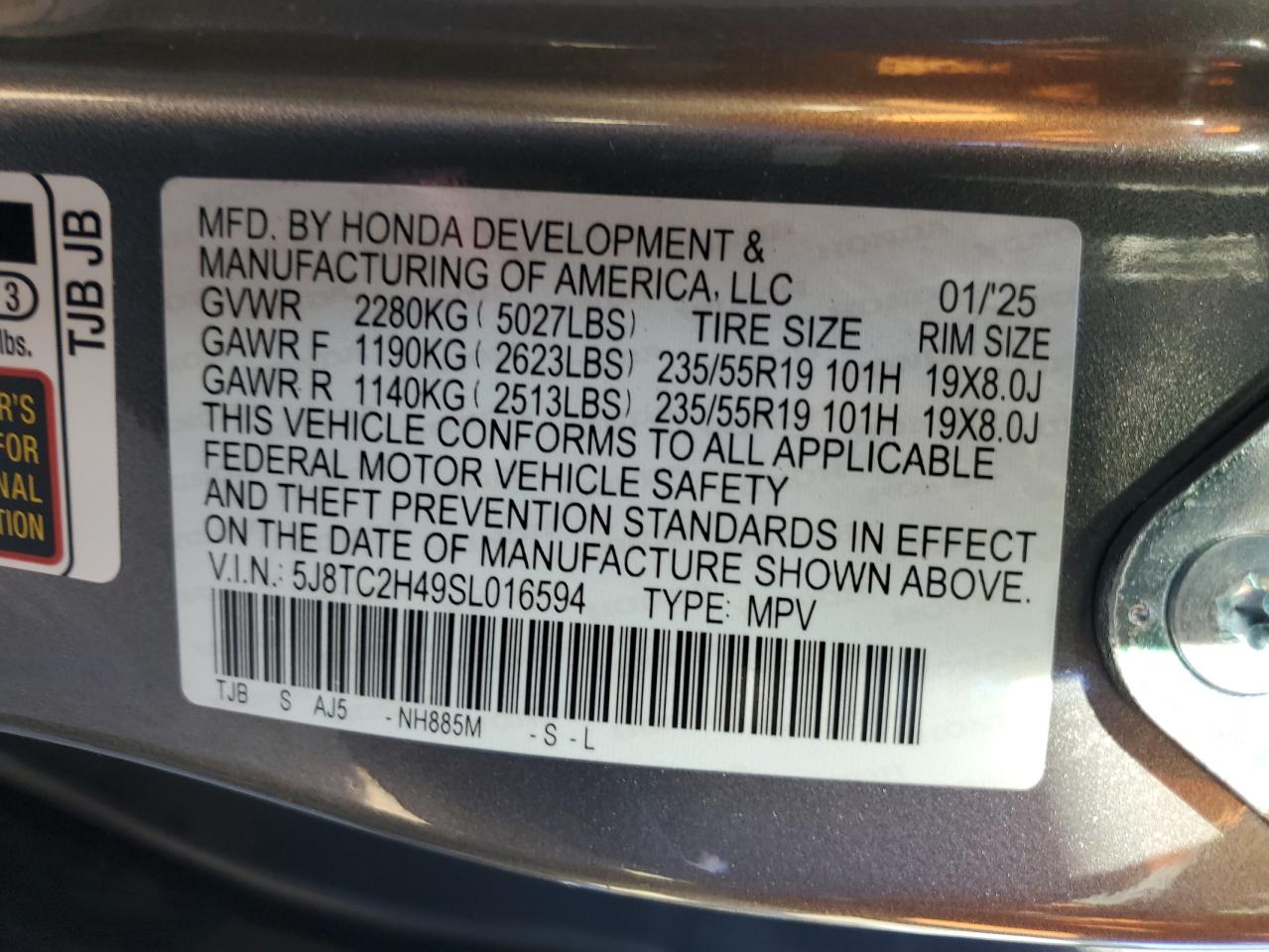 2025 Acura Rdx VIN: 5J8TC2H49SL016594 Lot: 90040175