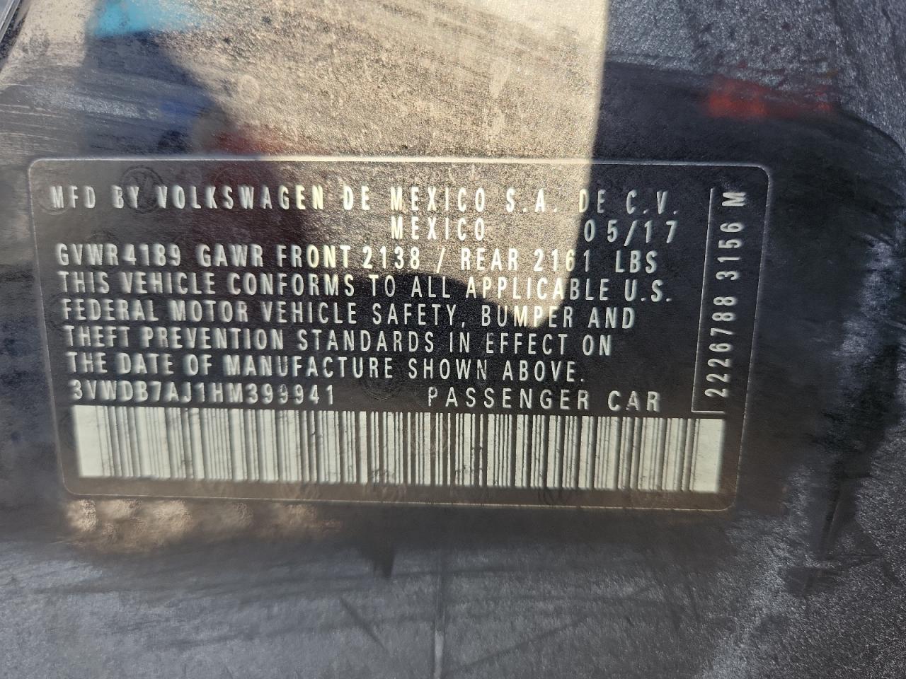 2017 Volkswagen Jetta Se VIN: 3VWDB7AJ1HM399941 Lot: 91620255