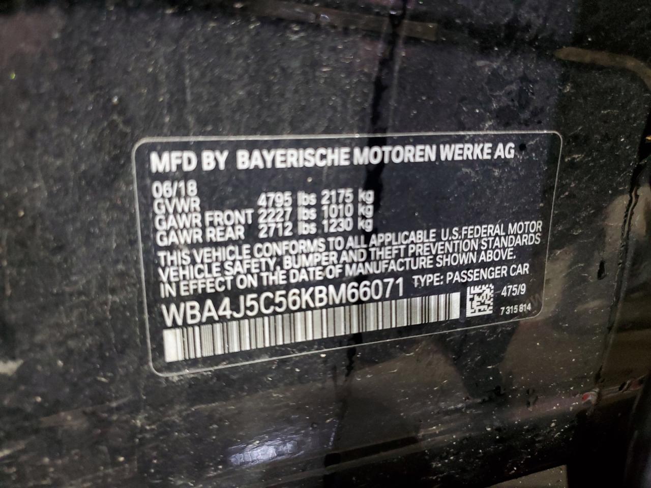 2019 BMW 440I Gran Coupe VIN: WBA4J5C56KBM66071 Lot: 92011245