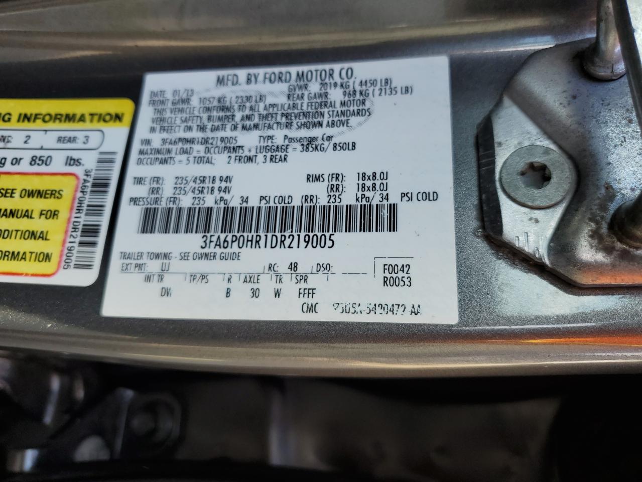 2013 Ford Fusion Se VIN: 3FA6P0HR1DR219005 Lot: 93062735