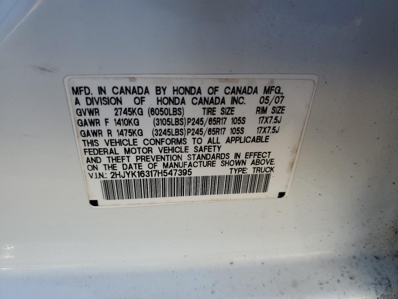 2007 Honda Ridgeline Rtx VIN: 2HJYK16317H547395 Lot: 92373735