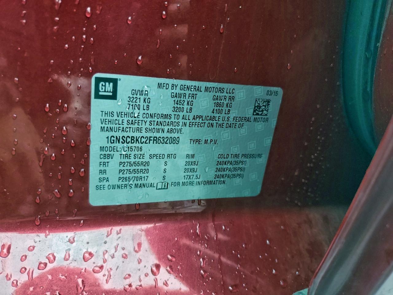 2015 Chevrolet Tahoe C1500 Lt VIN: 1GNSCBKC2FR632089 Lot: 94326265