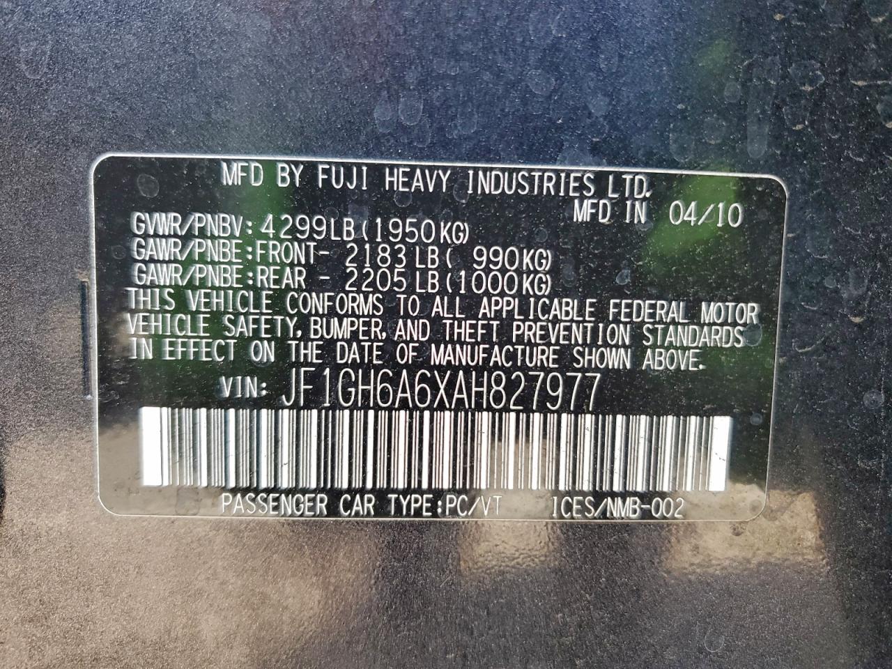 2010 Subaru Impreza 2.5I VIN: JF1GH6A6XAH827977 Lot: 93937495