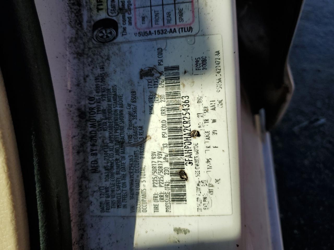 2012 Ford Fusion Se VIN: 3FAHP0HA2CR254363 Lot: 92314605