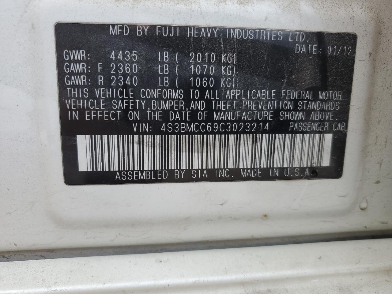 2012 Subaru Legacy 2.5I Premium VIN: 4S3BMCC69C3023214 Lot: 92272085