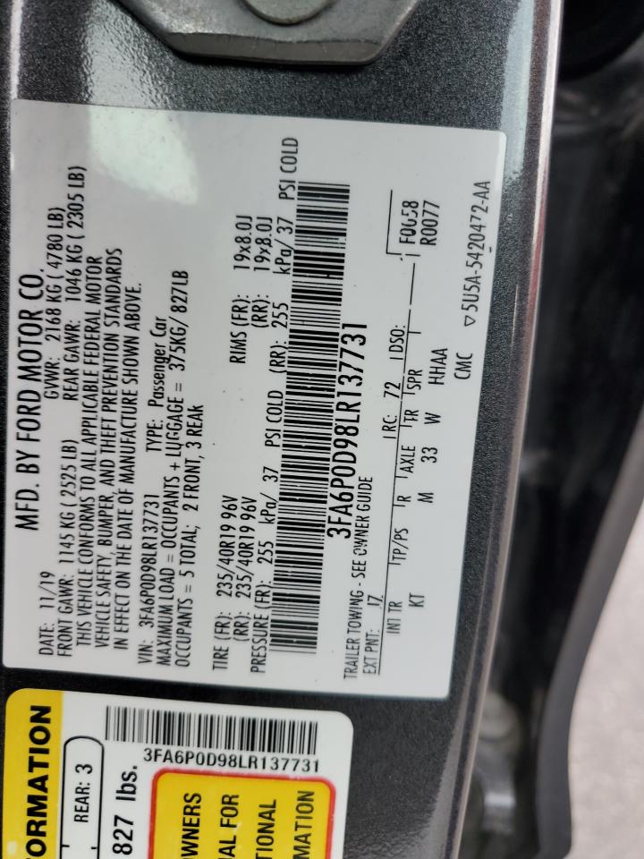 2020 Ford Fusion Titanium VIN: 3FA6P0D98LR137731 Lot: 92214225