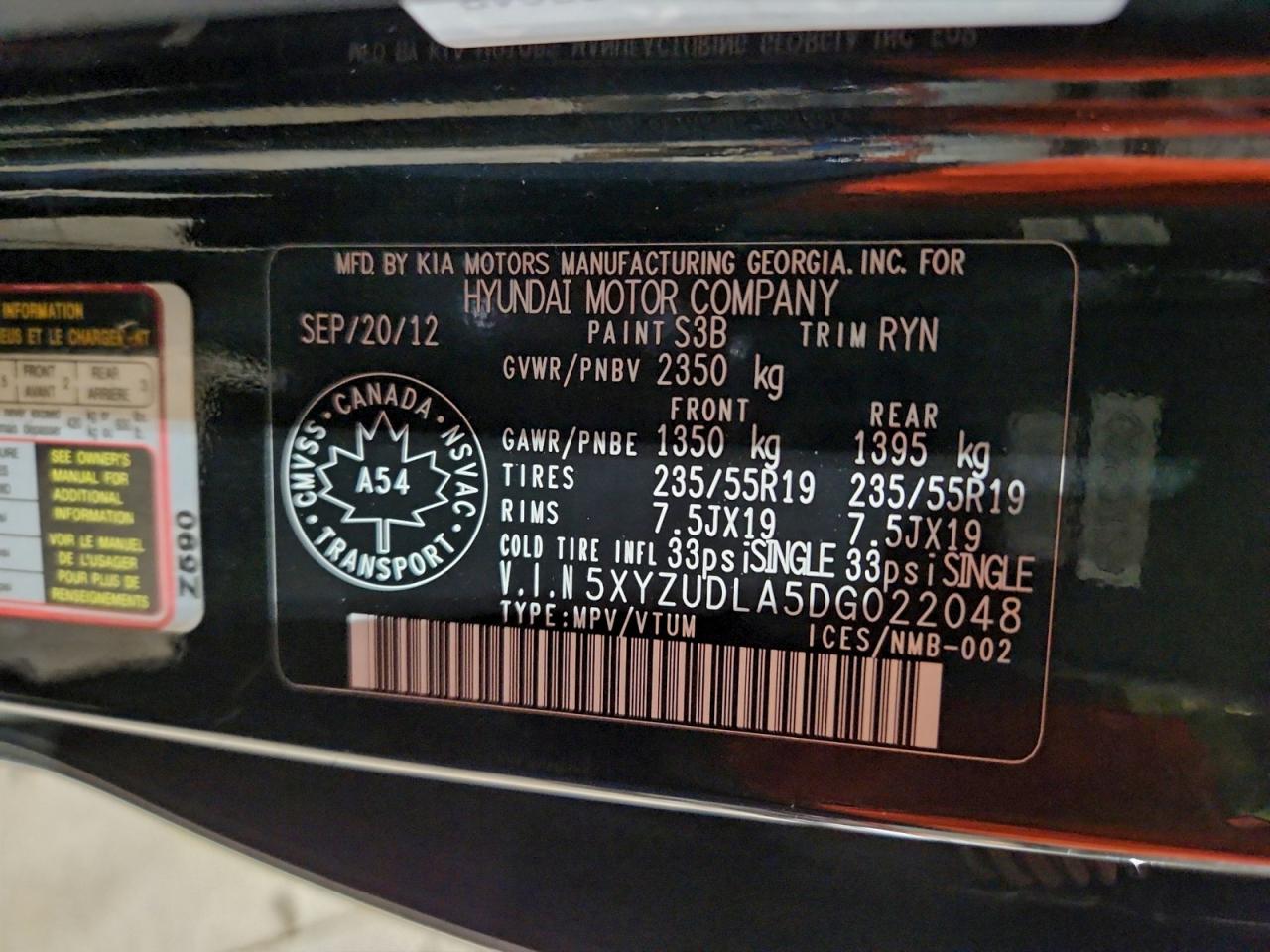 2013 Hyundai Santa Fe Sport VIN: 5XYZUDLA5DG022048 Lot: 94367995