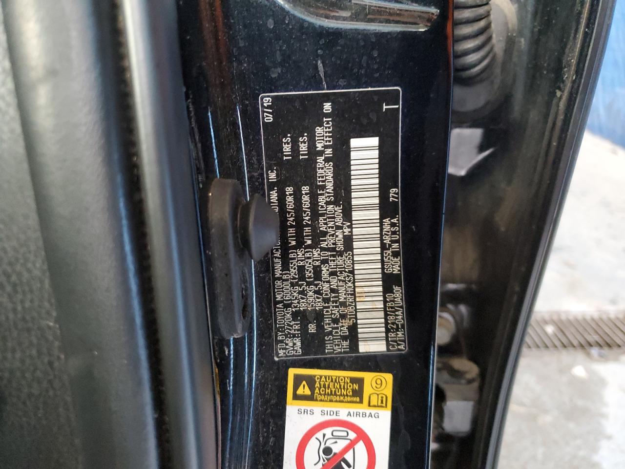 2019 Toyota Highlander Le VIN: 5TDBZRFH0KS710855 Lot: 90842335