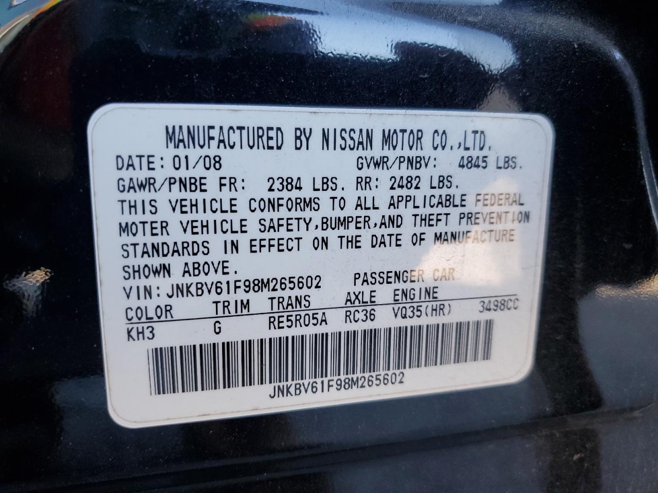 2008 Infiniti G35 VIN: JNKBV61F98M265602 Lot: 85076455