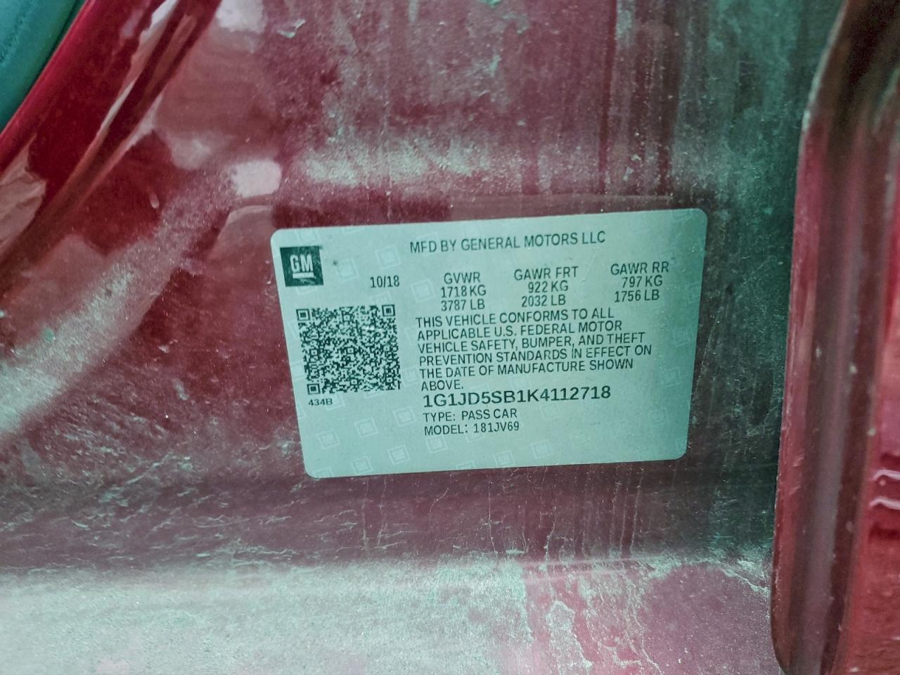 2019 Chevrolet Sonic Lt VIN: 1G1JD5SB1K4112718 Lot: 94502545