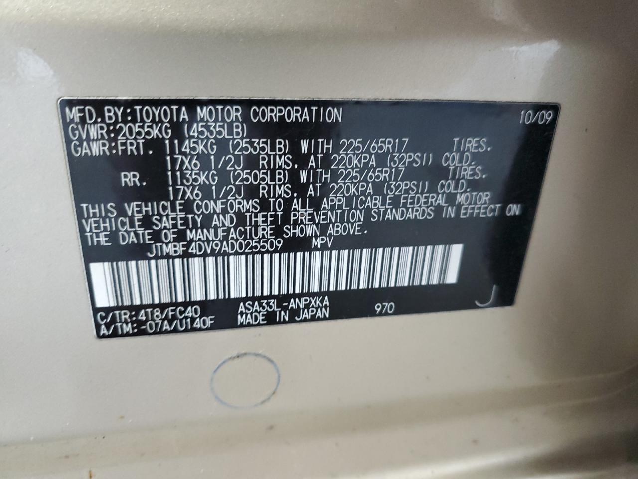 2010 Toyota Rav4 VIN: JTMBF4DV9AD025509 Lot: 93829035