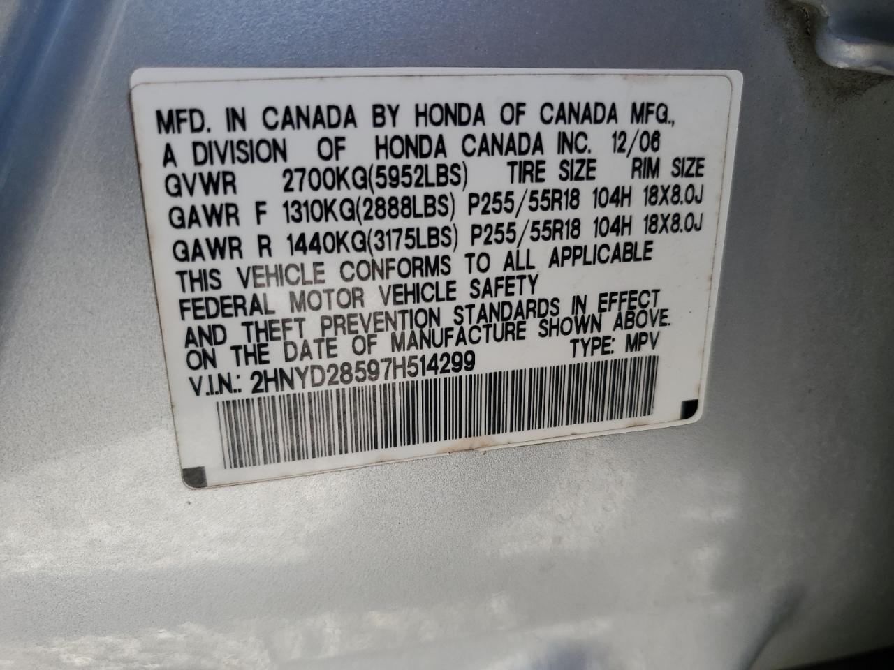 2007 Acura Mdx Sport VIN: 2HNYD28597H514299 Lot: 91789105