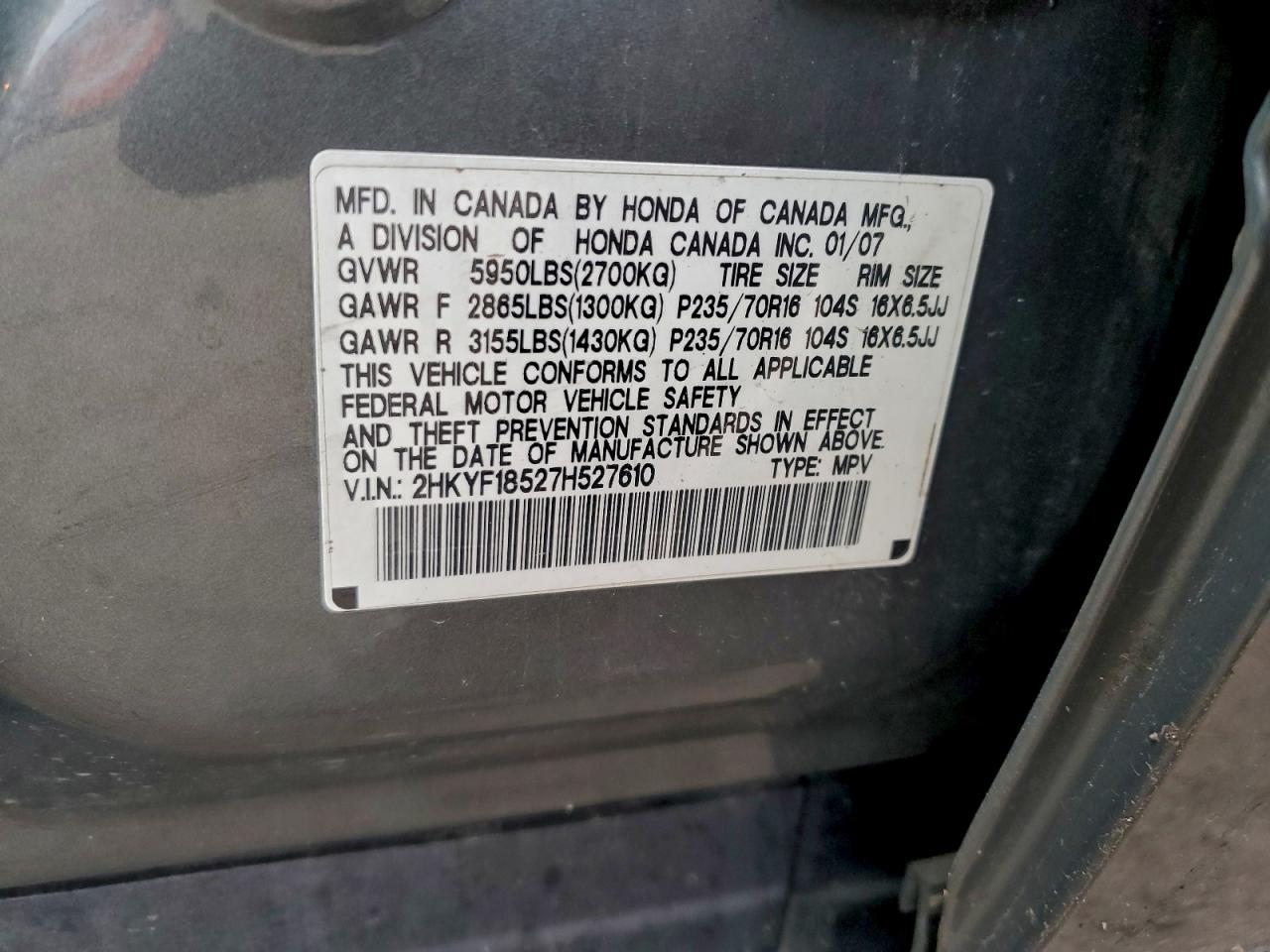 2007 Honda Pilot Exl VIN: 2HKYF18527H527610 Lot: 93852665