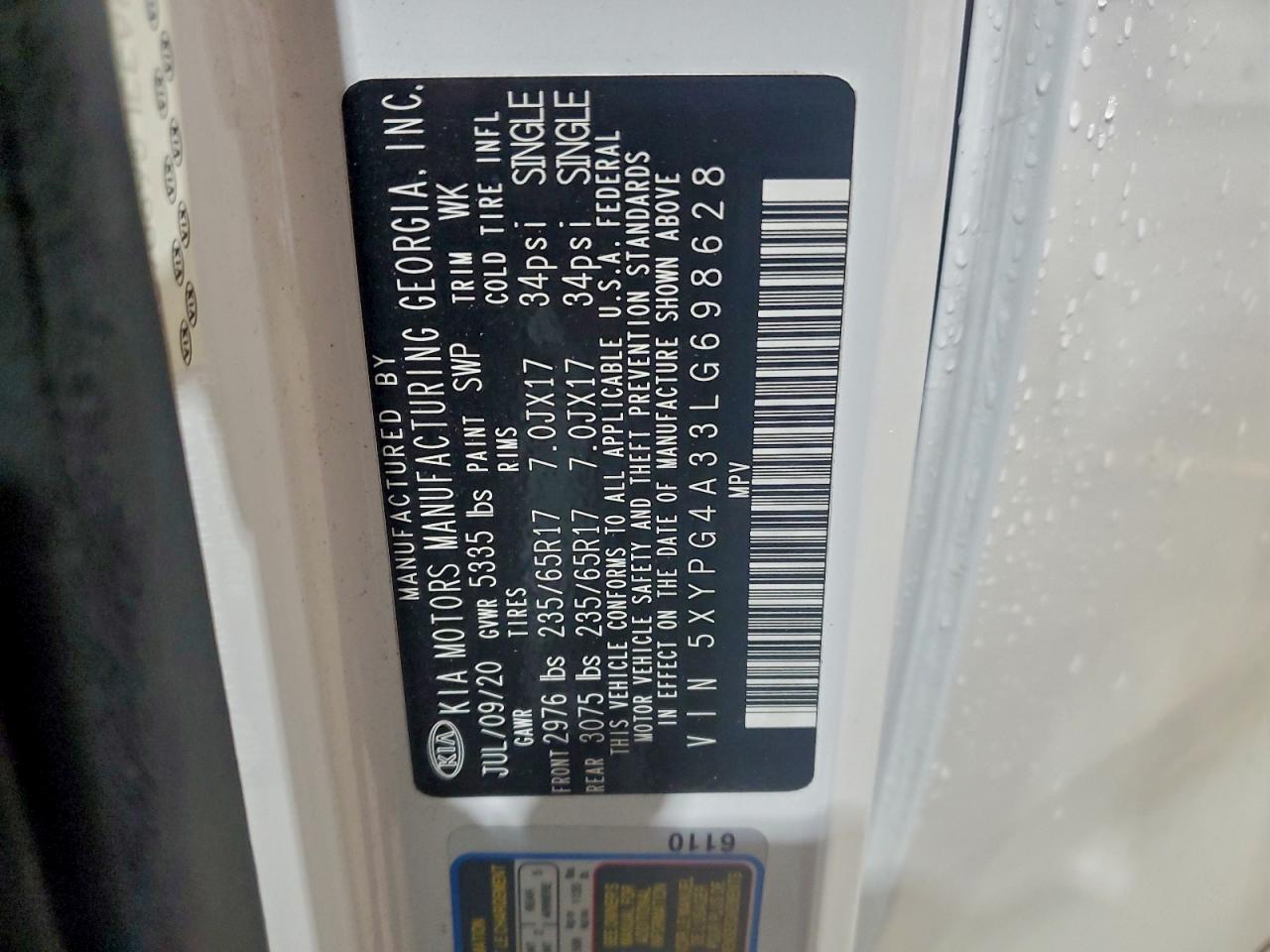 2020 Kia Sorento L VIN: 5XYPG4A33LG698628 Lot: 94193005