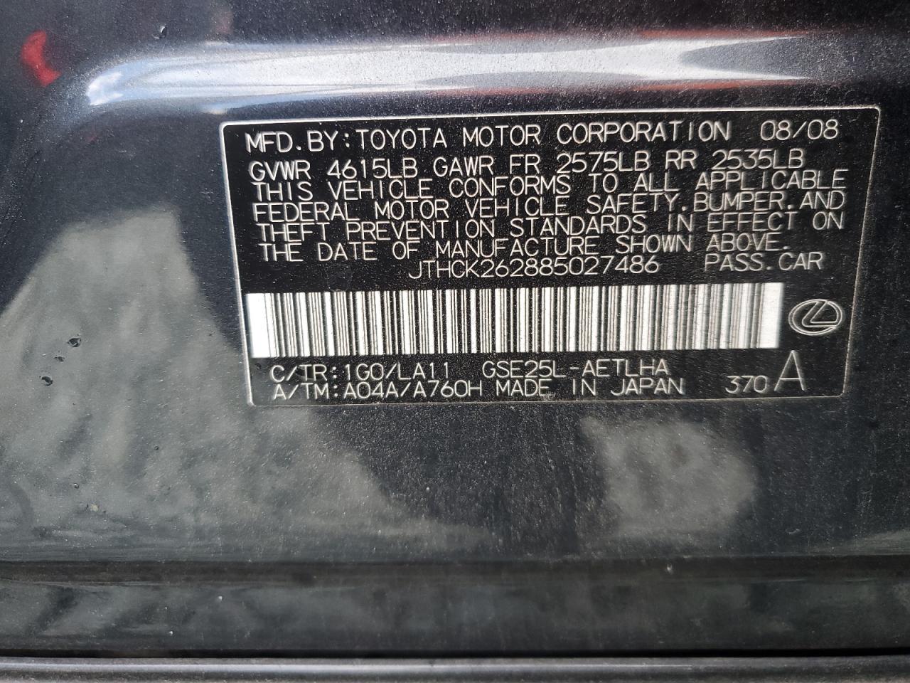 2008 Lexus Is 250 VIN: JTHCK262885027486 Lot: 91833285