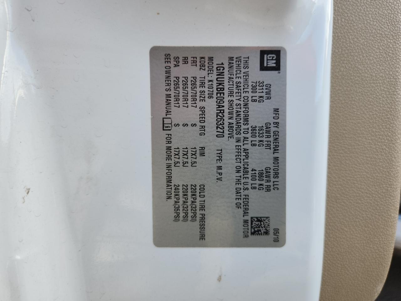 2010 Chevrolet Tahoe K1500 Lt VIN: 1GNUKBE09AR263270 Lot: 91660475