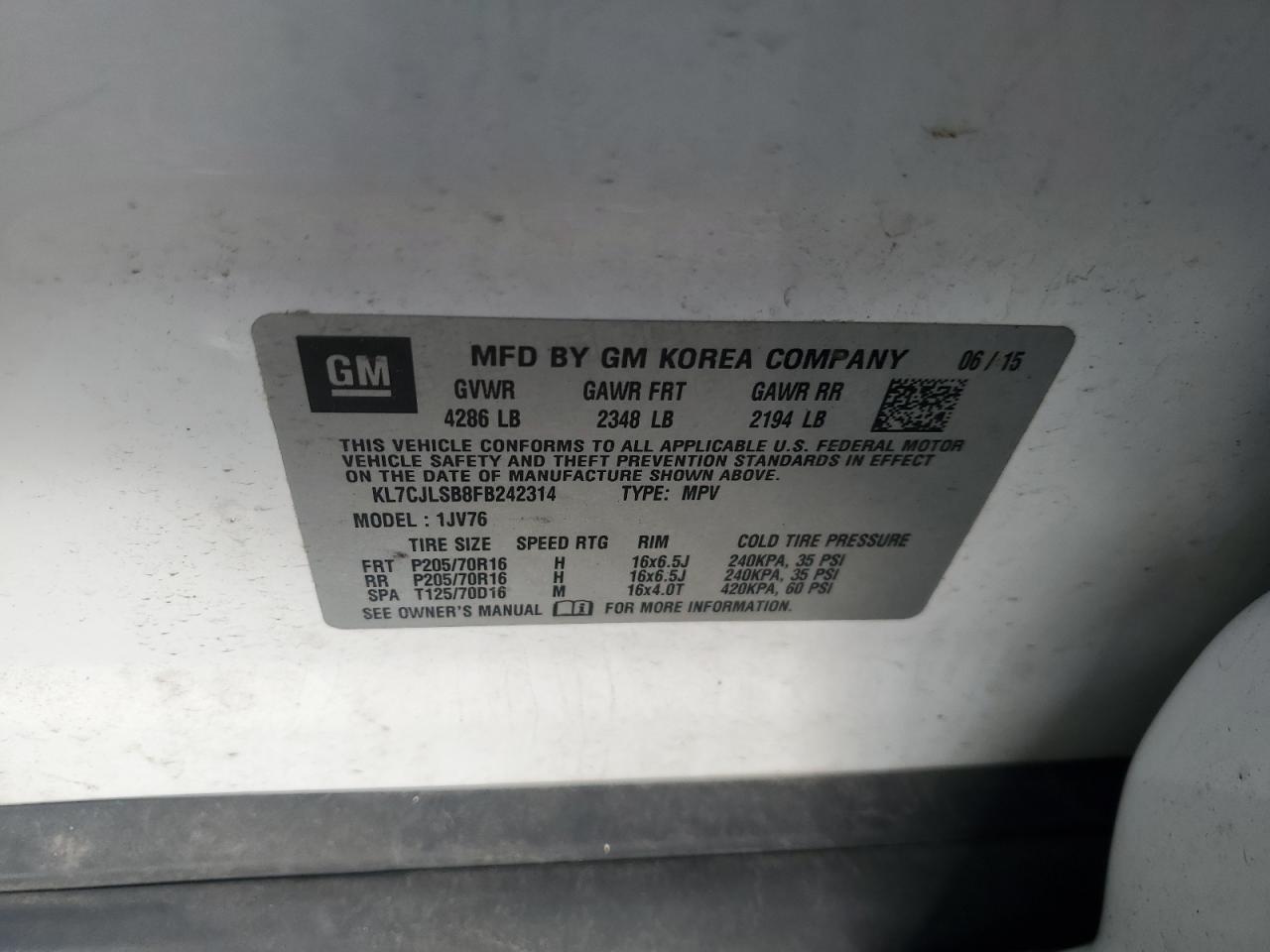 2015 Chevrolet Trax 1Lt VIN: KL7CJLSB8FB242314 Lot: 92703685