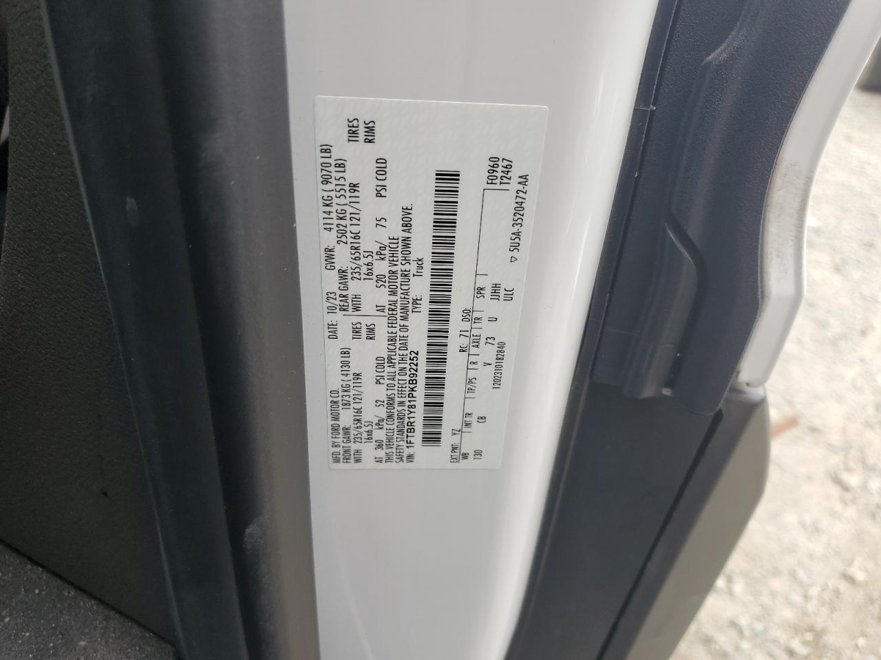 2023 Ford Transit T-250 VIN: 1FTBR1Y81PKB92252 Lot: 92387565